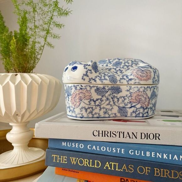 VTG Chinoiserie Ceramic Cat Large Trinket Box Container - Picture 2 of 9